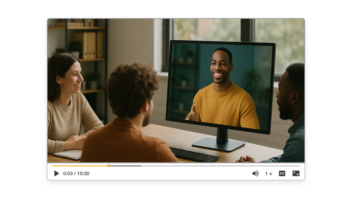 Team watching an uplifting message on screen using a motivational video creator to boost morale